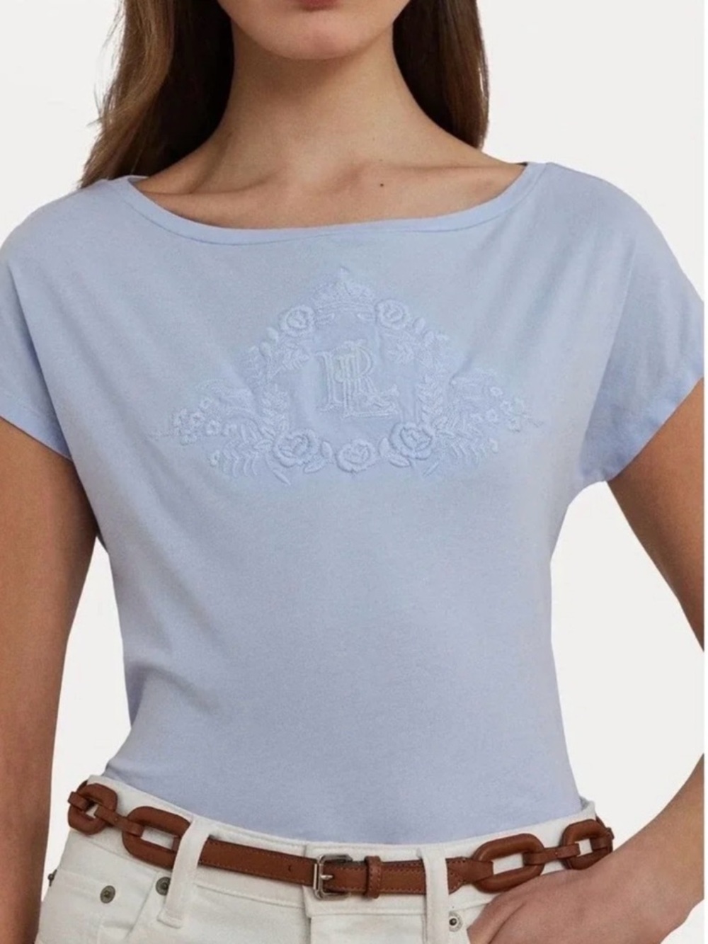 NEW Lauren Ralph Lauren Women's Tee M Light Blue Cotton RL Logo Embroidered